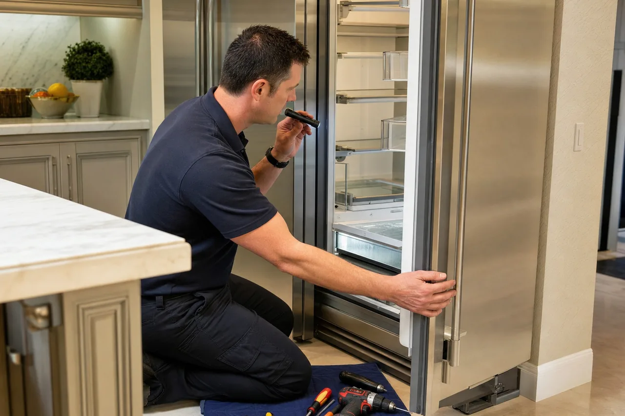 Technician servicing a stainless Wolf range in an Irvington kitchen