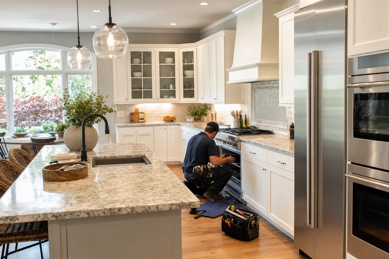 A luxury kitchen with built-in stainless appliances in an Irvington kitchen