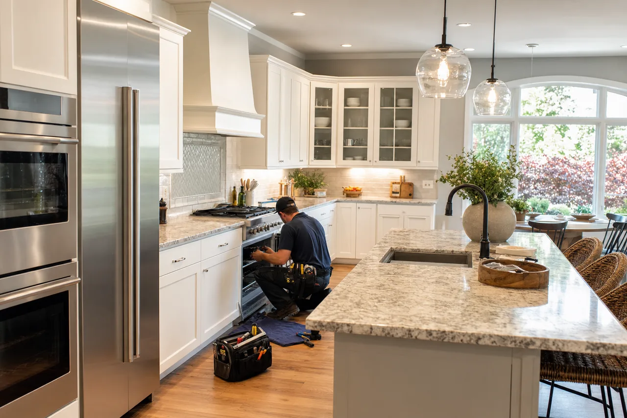 A luxury kitchen with built-in stainless appliances in an Irvington kitchen