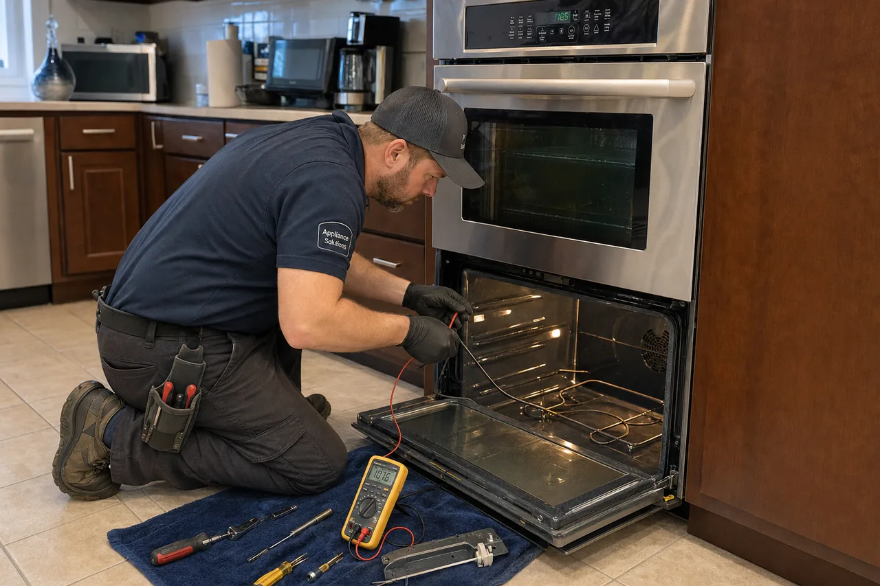 Technician servicing a built-in wall oven up close