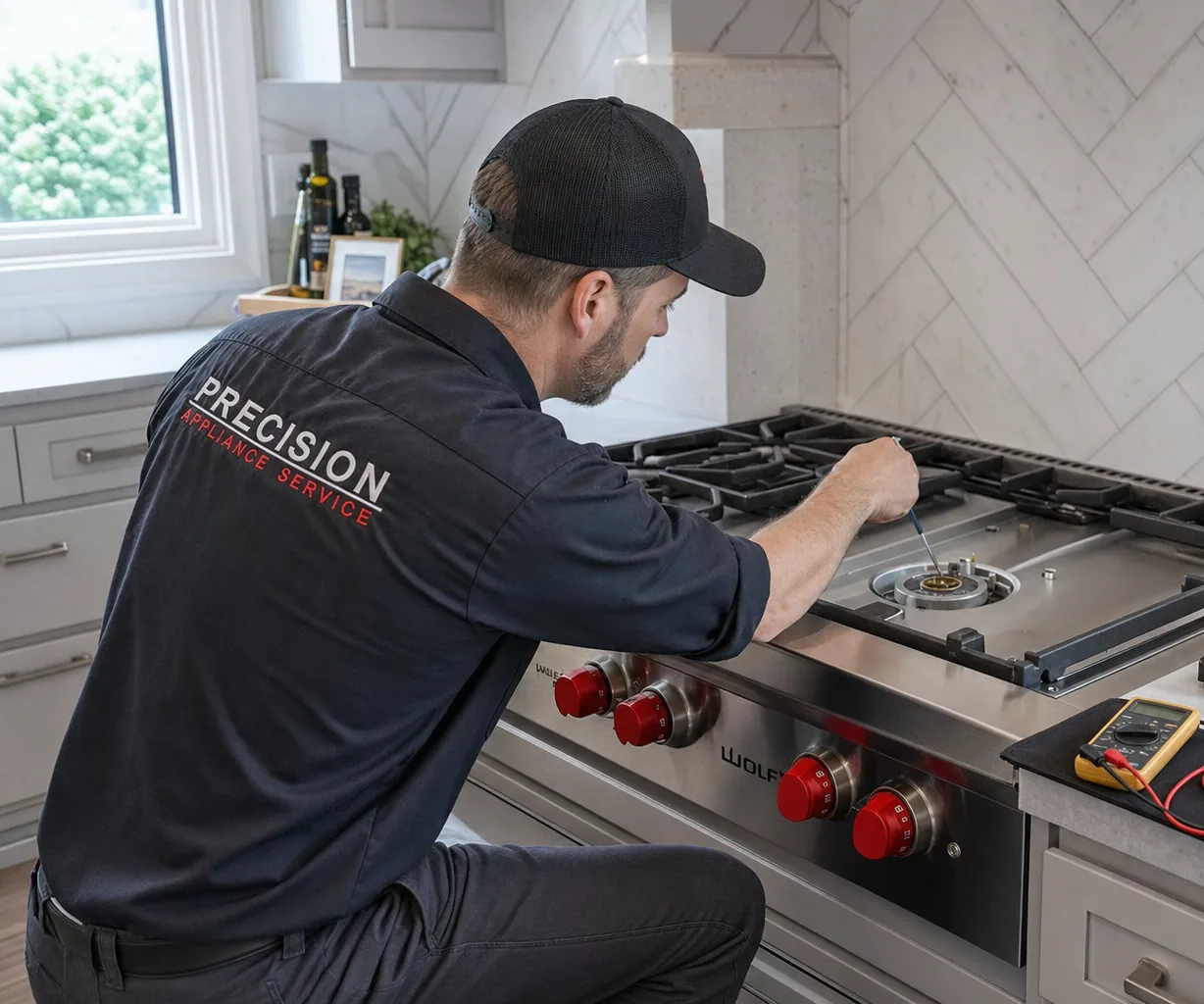 Technician servicing a stainless Wolf range in an Irvington kitchen